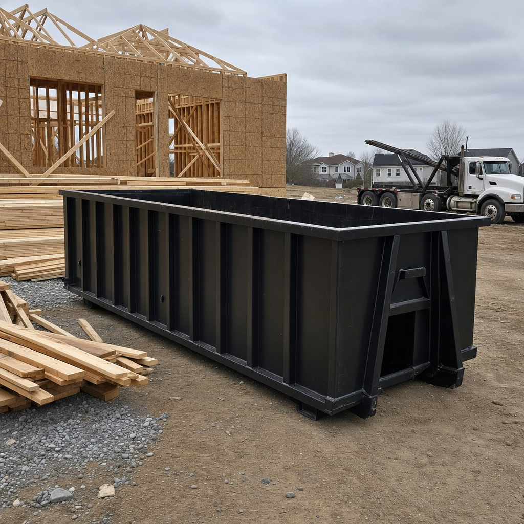 Matte-black 40-yard roll-off dumpster staged on a framed-out residential construction site in Newport News, framing lumber stacked nearby, hooklift delivery truck visible in the background under bright Colorado daylight