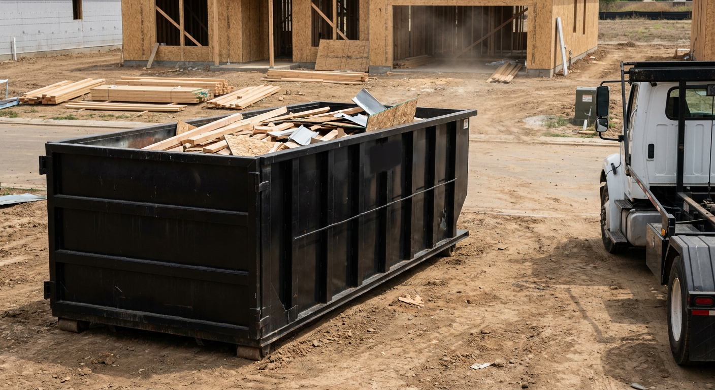 Matte-black 20-yard roll-off construction dumpster with heavy ribbed steel sidewalls and swing rear doors at a working jobsite in Newport News, sitting directly on compacted dirt with an unmarked white hauler partially visible at the far edge of the frame.