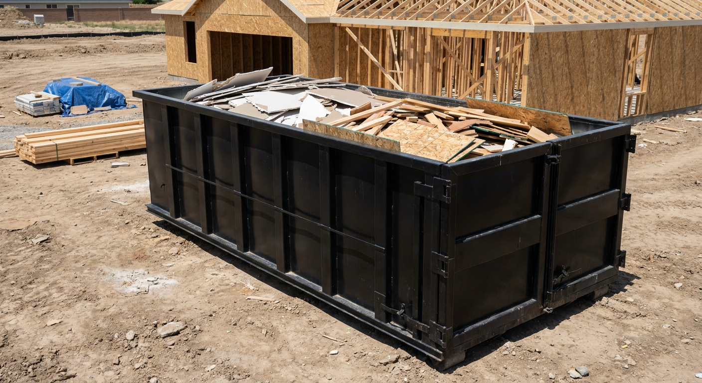 Matte-black 30-yard roll-off construction dumpster sitting directly on the compacted-dirt site of a framed single-family home build in Newport News, drywall and lumber scrap loaded inside.