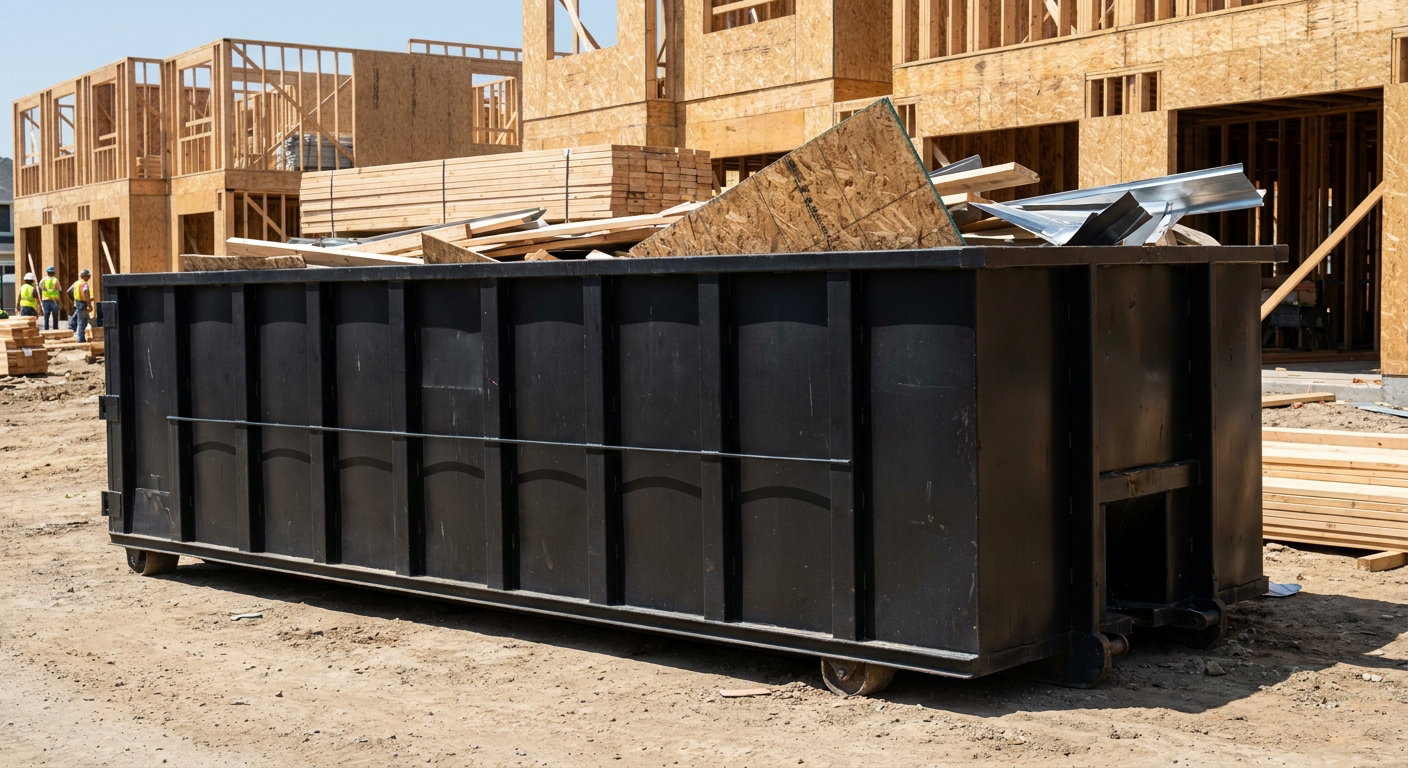 Matte-black 40-yard roll-off construction dumpster being lowered from a white-cab hooklift delivery truck onto the compacted-dirt jobsite at a commercial build site in Newport News