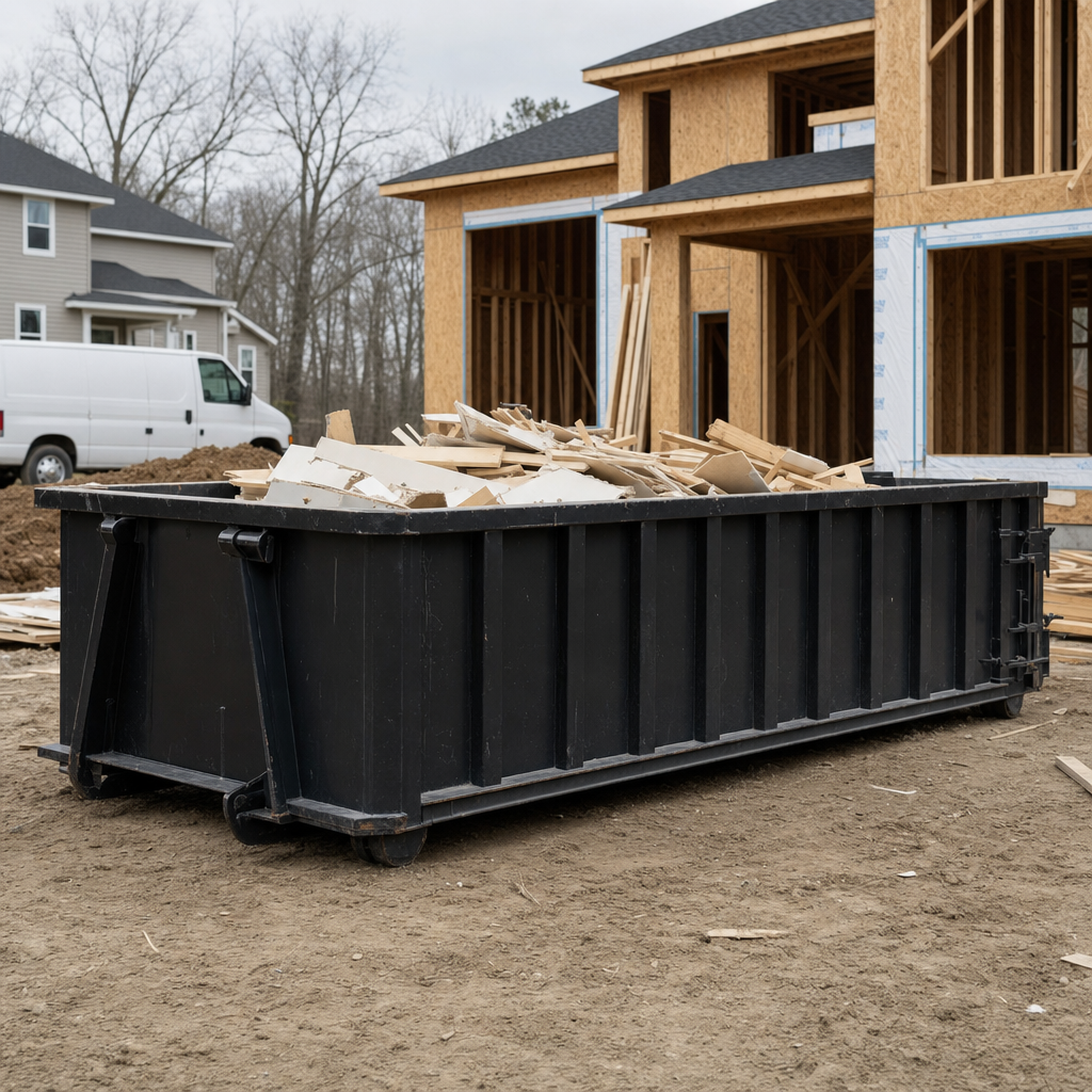 Worker in a yellow high-visibility vest tossing framing lumber and broken drywall into a matte-black 30-yard construction roll-off dumpster on an active build site in Newport News, bright daylight