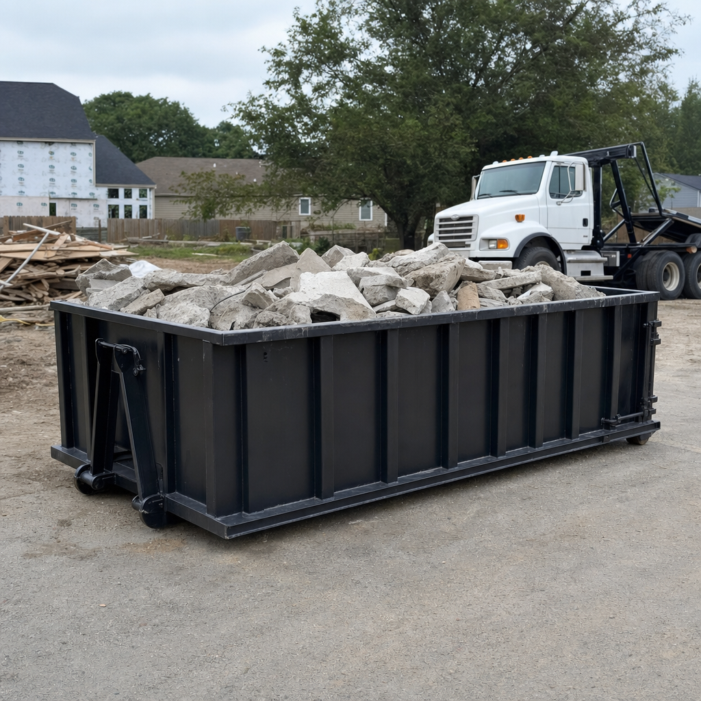 Low-profile matte-black lowboy roll-off dumpster loaded with broken concrete slab and rebar at a foundation tear-out in Newport News, skid steer parked beside it, sunny Colorado morning