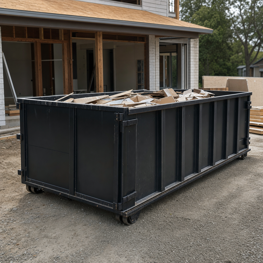Large matte-black 30-yard construction roll-off dumpster at an active Newport News jobsite, steel-gray top rails and bottom rollers visible, loaded with construction debris.