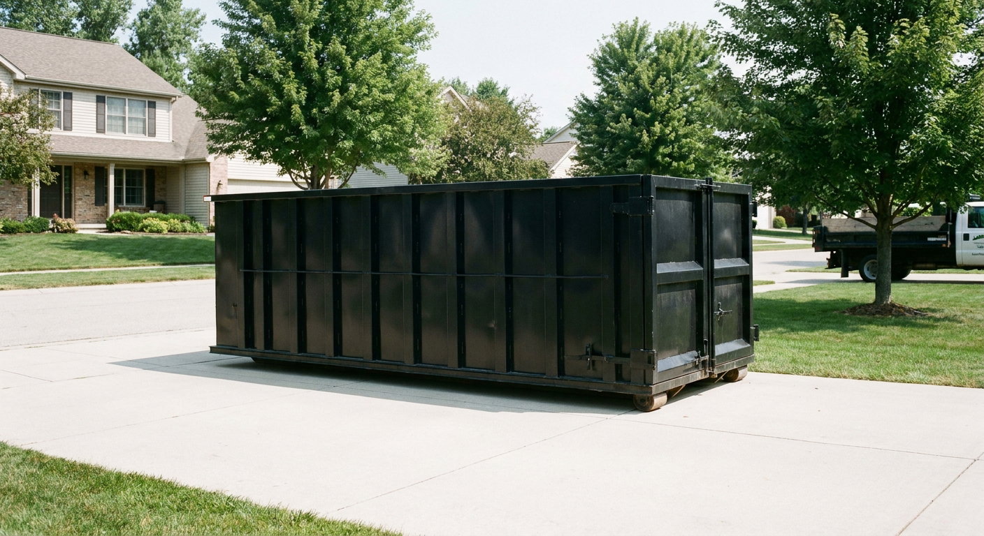 Matte-black 20-yard roll-off dumpster sitting level on a clean Newport News residential concrete driveway under bright daylight, demonstrating clean placement directly on the concrete.