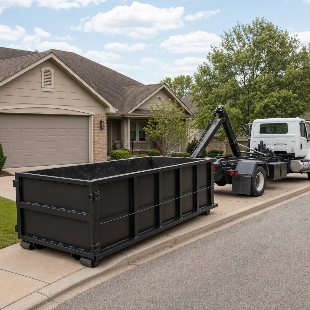Wide documentary shot of a matte-black roll-off dumpster on a Newport News residential driveway in the foreground and a contractor jobsite container in the soft-focus background, bright daylight, calm and orderly composition.