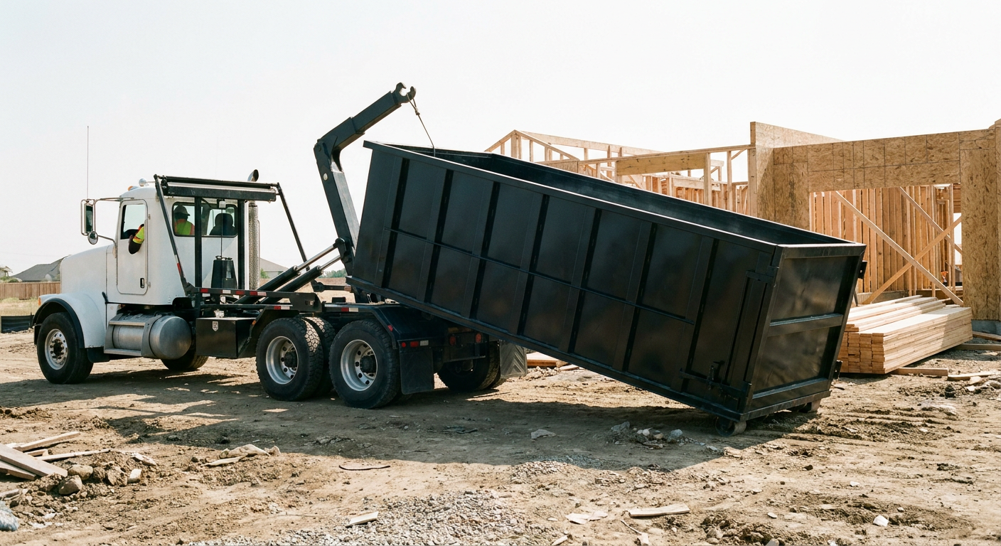Matte-black roll-off dumpster being delivered onto a clean residential concrete driveway in Newport News by an unmarked white hooklift hauler truck, bright morning daylight, documentary 35mm perspective.