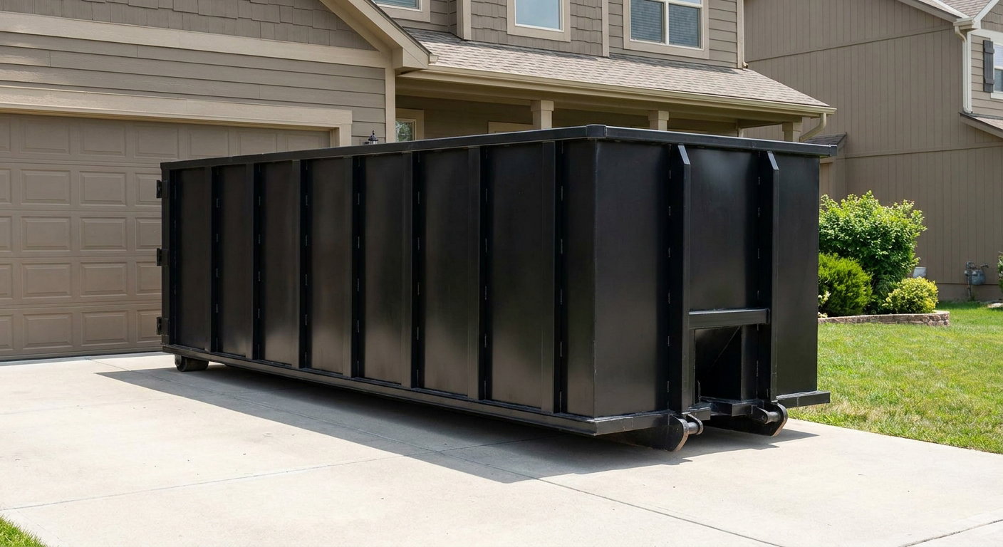 Matte-black residential roll-off dumpster sitting directly on a suburban Newport News concrete driveway, garage door closed, single-family home in background, bright morning daylight.