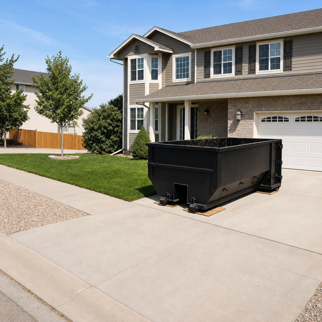 10-yard matte-black residential dumpster placed directly on a narrow Newport News concrete driveway, room remains for a parked sedan beside it, mid-morning natural light