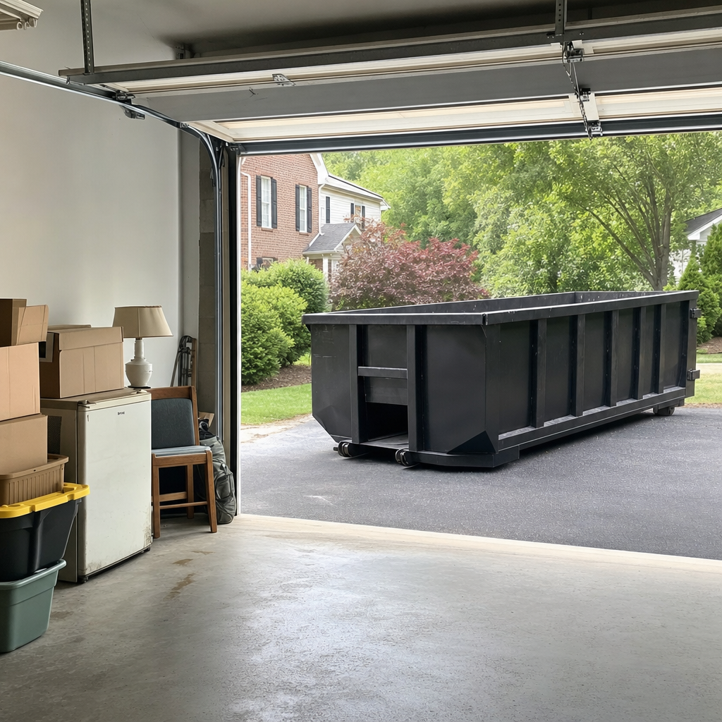 Open garage interior in a Newport News home mid-cleanout — boxed items, an old appliance, and stacked yard tools queued near the driveway for a matte-black roll-off dumpster, organized and calm