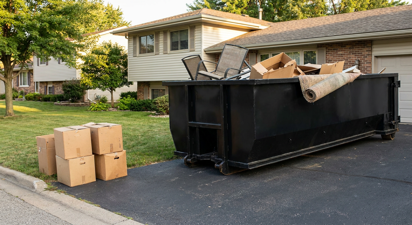 Front-yard view of a Newport News split-level home with a 20-yard matte-black roll-off dumpster sitting directly on the asphalt driveway, a few clearly labeled donation boxes staged at the curb, calm sunny afternoon.
