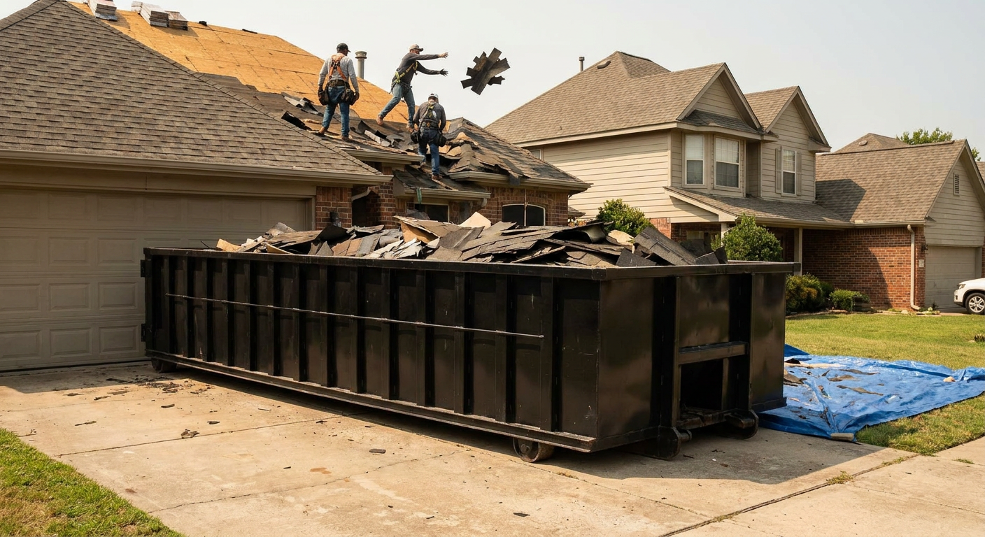 Matte-black roofing roll-off dumpster placed directly on a Newport News residential concrete driveway, a tear-off crew on a two-story asphalt-shingle roof tossing shingle bundles into the low-walled container, bright daylight, documentary 35mm perspective.