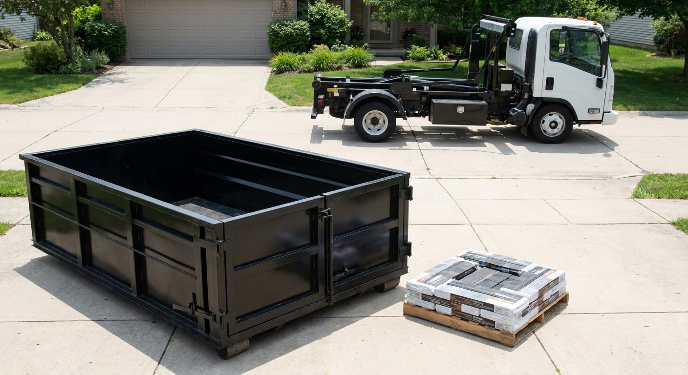 Matte-black 15-yard roofing roll-off dumpster with reinforced low side walls sitting directly on a Newport News residential concrete driveway, three-tab asphalt shingle bundles stacked nearby, an unmarked white hauler truck partially visible at the edge of the frame.