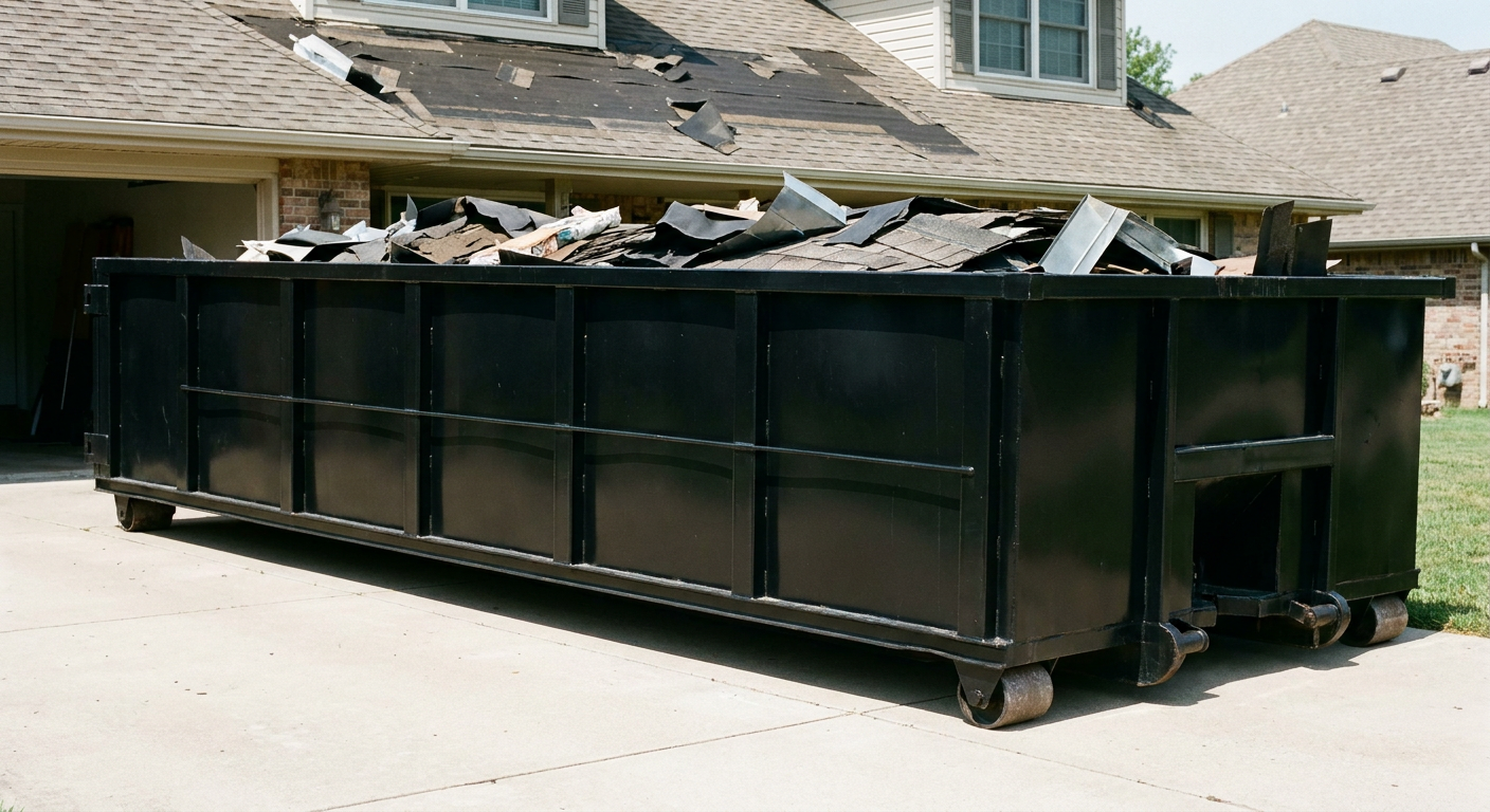 Matte-black 20-yard roofing roll-off dumpster with steel ribbed sides and swinging rear door, sitting directly on the concrete driveway of a two-story Newport News home, asphalt shingle debris being loaded over the low wall, clean documentary lighting.
