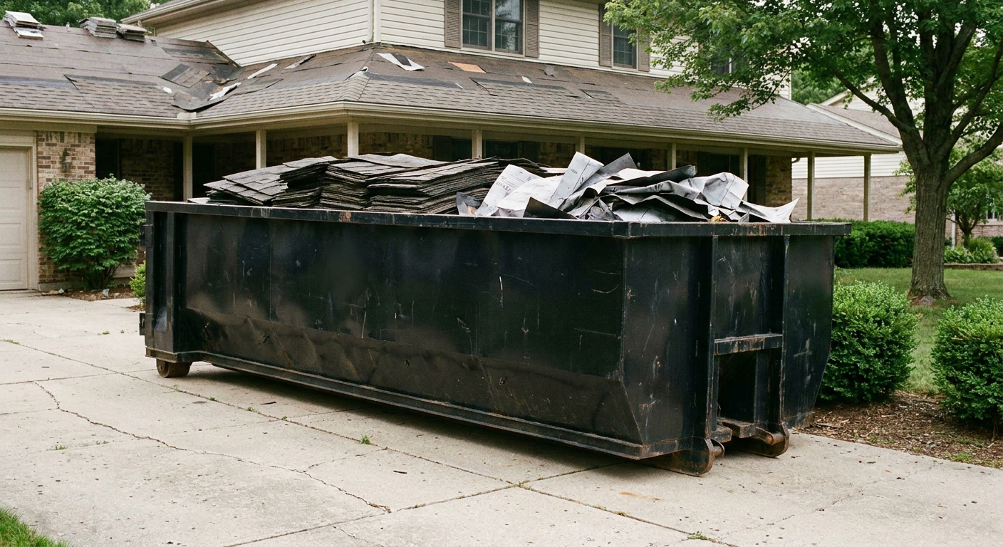 Matte-black 30-yard roofing roll-off dumpster sitting directly on a Newport News concrete driveway, taller ribbed steel side panels, mixed tear-off debris of asphalt shingles and underlayment inside, professional documentary daylight.