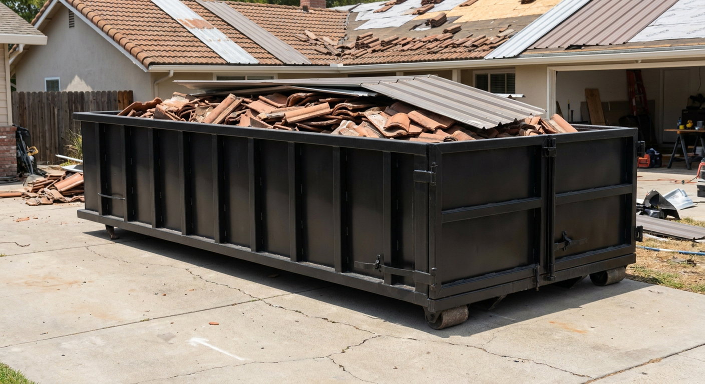 Matte-black low-wall heavy-debris roofing roll-off dumpster sitting directly on a Newport News concrete driveway, broken concrete clay roof tiles and metal panel sections loaded inside, reinforced ribbed steel side walls visible, bright outdoor daylight.