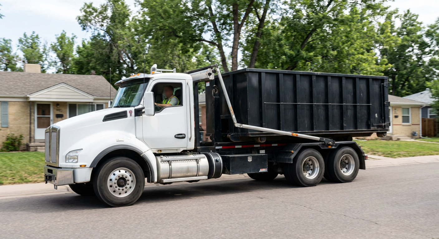 A wide documentary shot of a matte-black roll-off delivery truck pulling onto a quiet Newport News residential street at mid-morning, with neighborhood rooftops and tree-lined blocks visible behind, showing the metro coverage footprint.