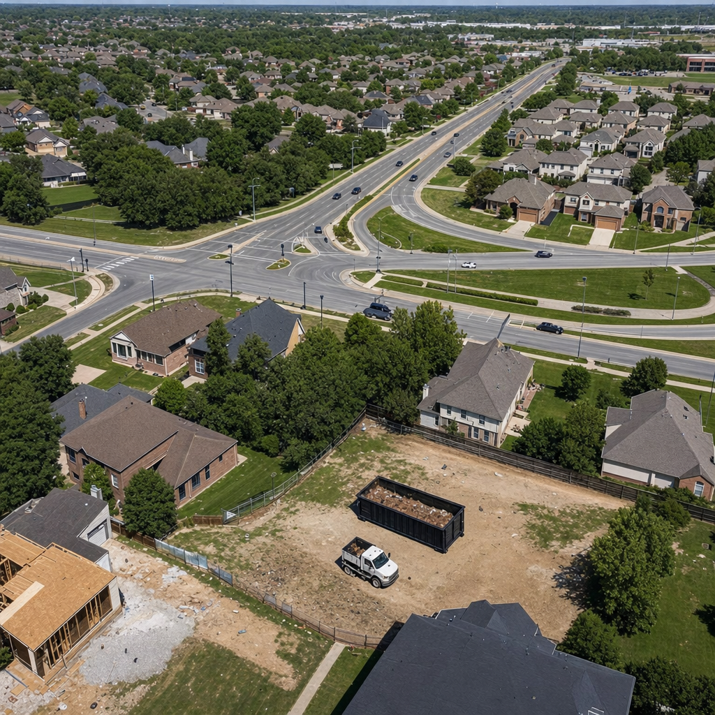 An overhead documentary view of the Newport News metro area at midday, showing the spread of neighborhoods, arterial roads, and the dispatch radius from a central yard — clean daylight, organized geographic layout.