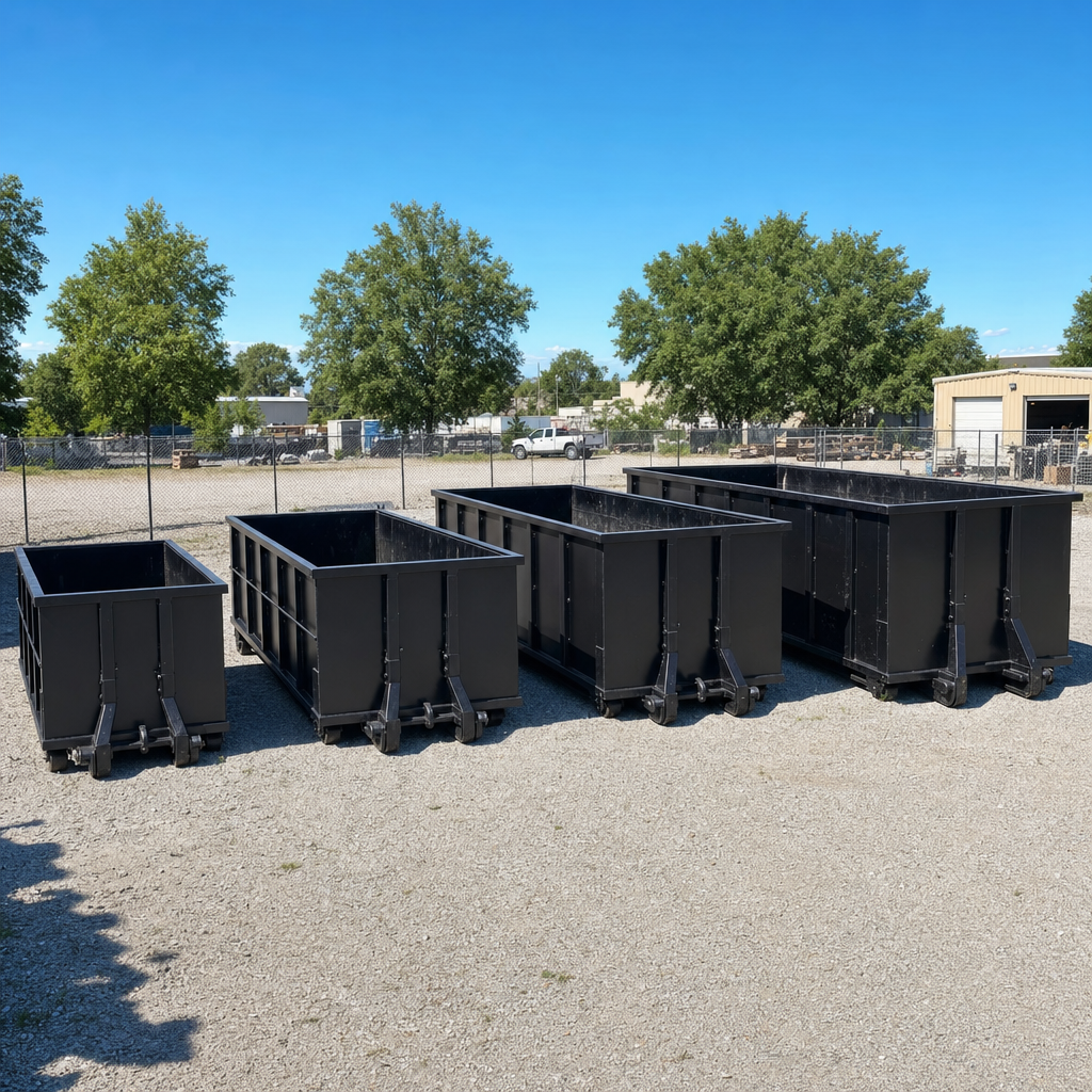 A clean lineup of matte-black roll-off dumpsters in 10, 20, 30, and 40-yard sizes staged on a sunlit gravel yard in Newport News, showing the size progression from compact to commercial-scale containers.