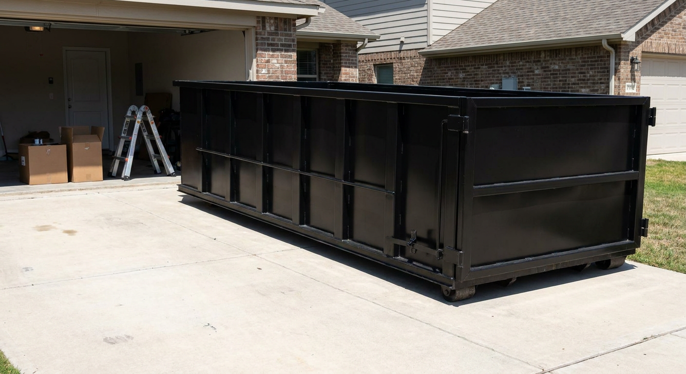 A matte-black 10-yard roll-off dumpster sitting directly on a residential Newport News concrete driveway, mid-day sunlight, clean and ready for a garage cleanout.