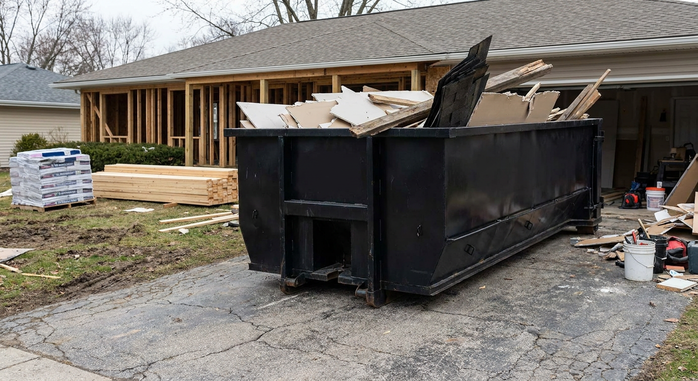 A matte-black 20-yard roll-off dumpster placed alongside a mid-renovation Newport News home directly on the asphalt driveway, with framing materials and torn-off shingles staged neatly nearby.