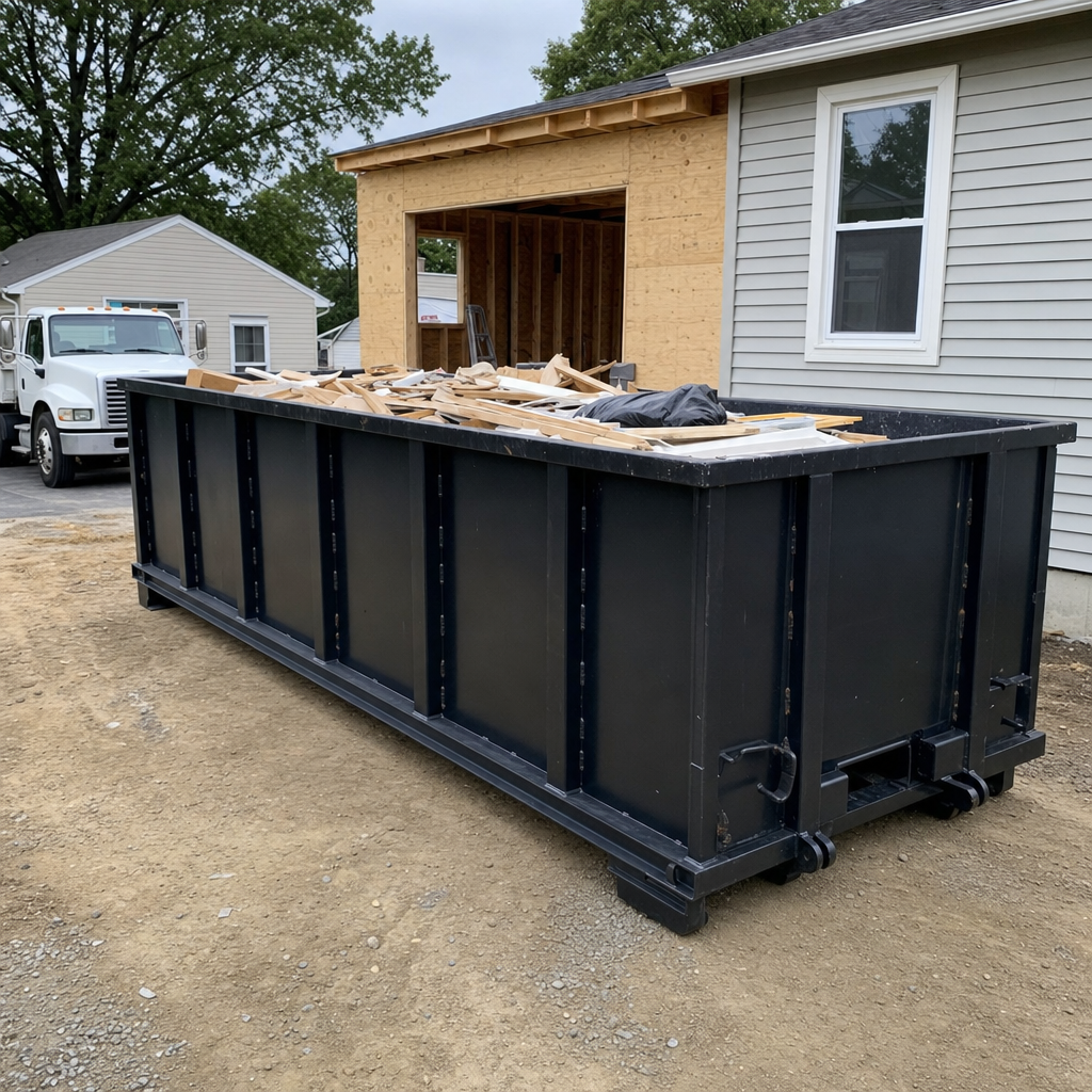 A matte-black 30-yard roll-off dumpster positioned at a Newport News residential addition jobsite, with framing lumber and drywall scraps loaded through the open swinging rear doors.