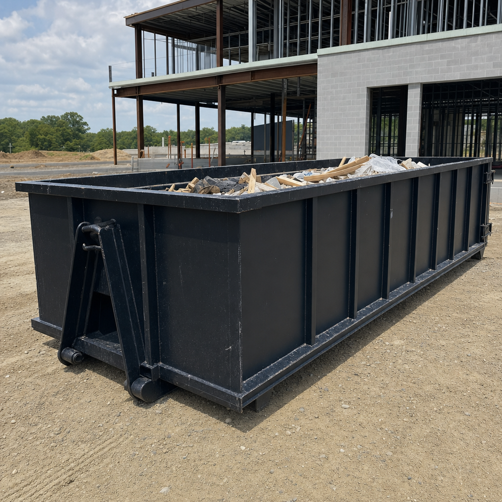 A matte-black 40-yard roll-off dumpster staged on a large Newport News commercial construction lot, with a hooklift delivery truck parked alongside under bright midday sky.
