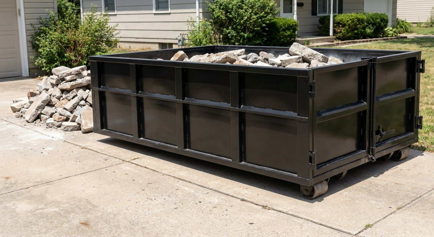A matte-black low-side heavy-debris roll-off dumpster placed directly on a Newport News concrete driveway, with broken concrete chunks neatly stacked beside it under clean daylight.